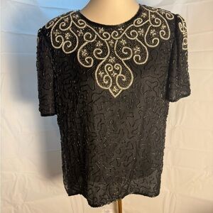 Vintage Pure Silk Black Embellished Boxy Blouse